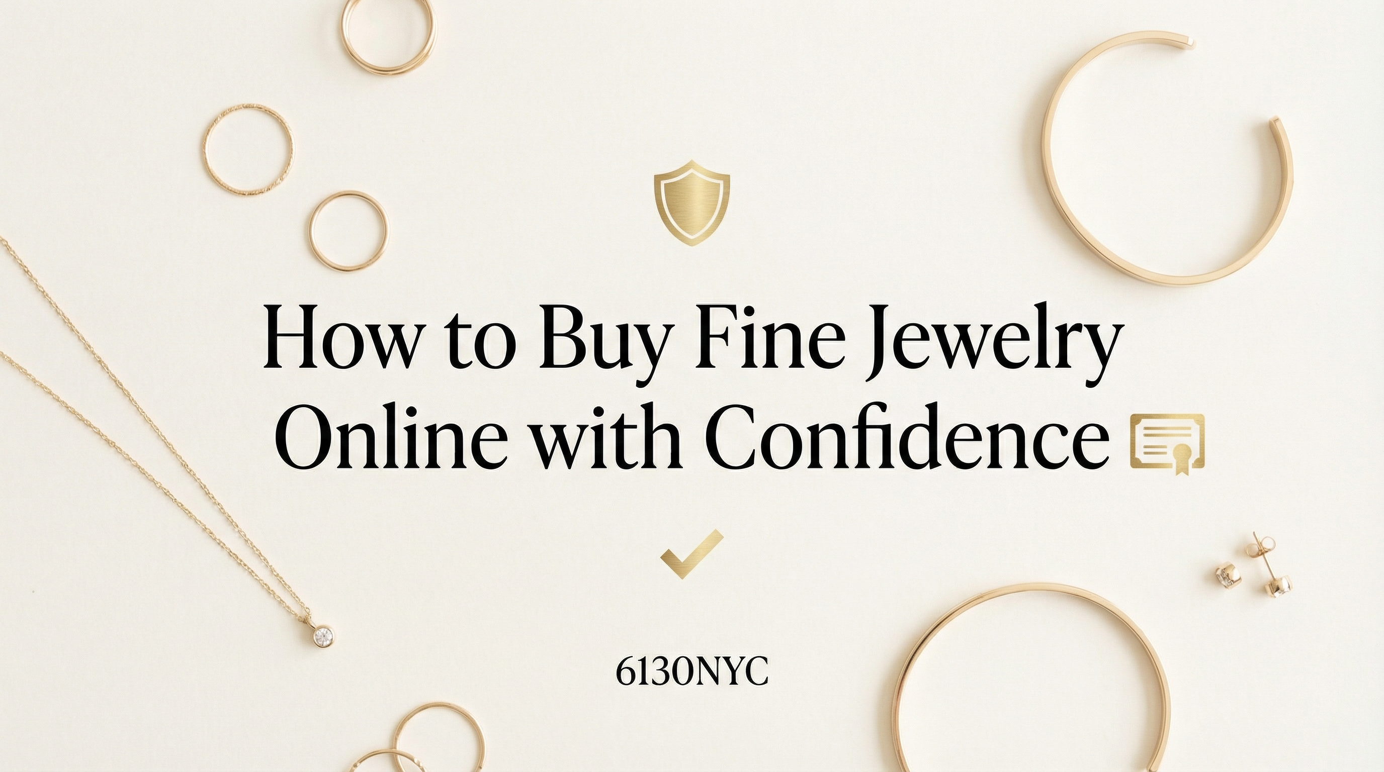 Fine jewelry arranged on a clean white background with rings and gold pieces illustrating how to buy fine jewelry online with confidence