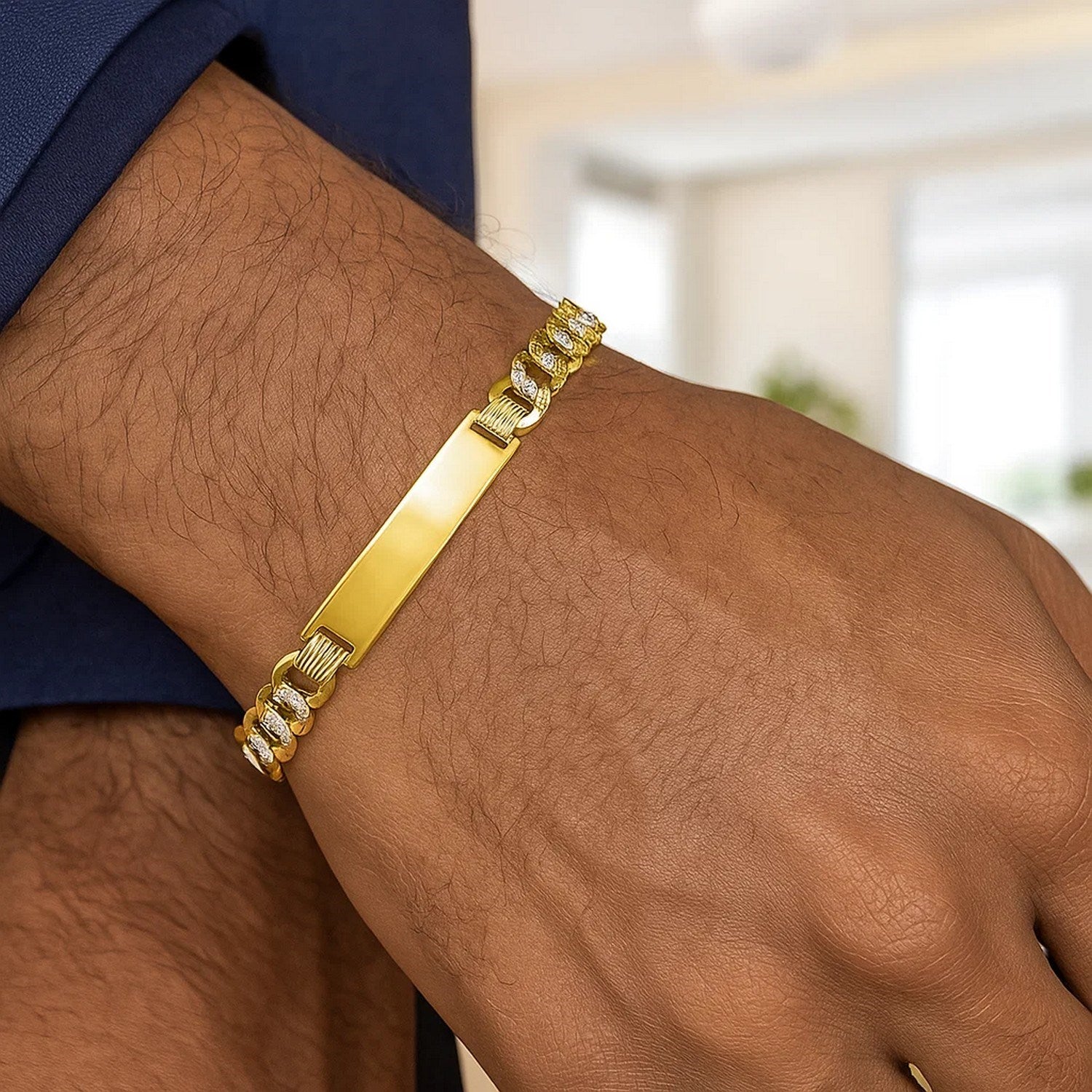 14k Two Tone Gold Mens Curb Chain ID Bracelet with White Pave (8.30 mm)