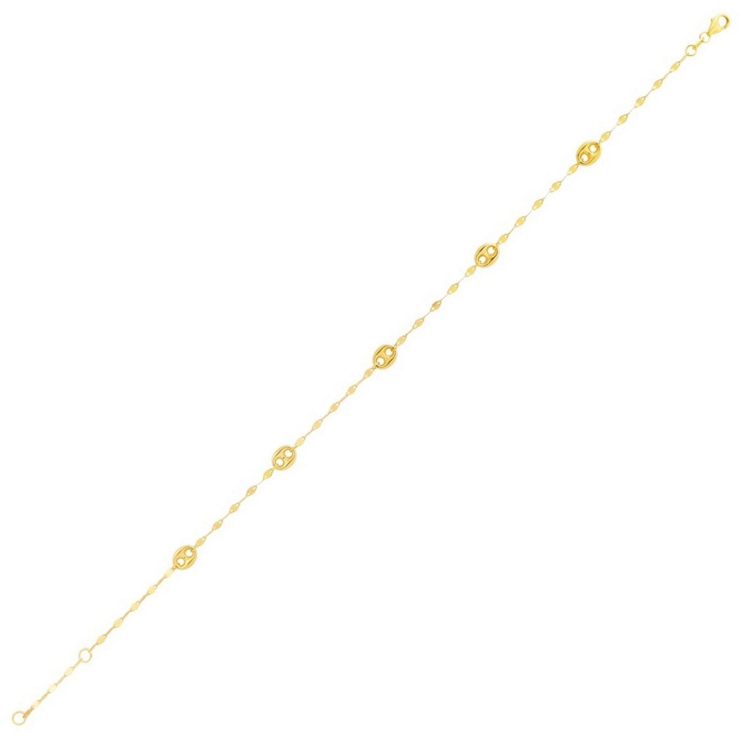 14K Yellow Gold Mirror Chain and Puffed Mariner Station Anklet