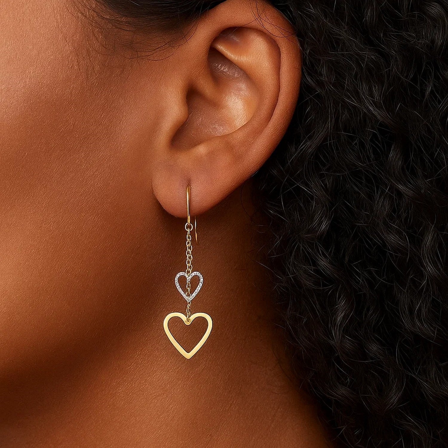 10k Two-Tone Gold Cutout Heart Chain Dangling Earrings