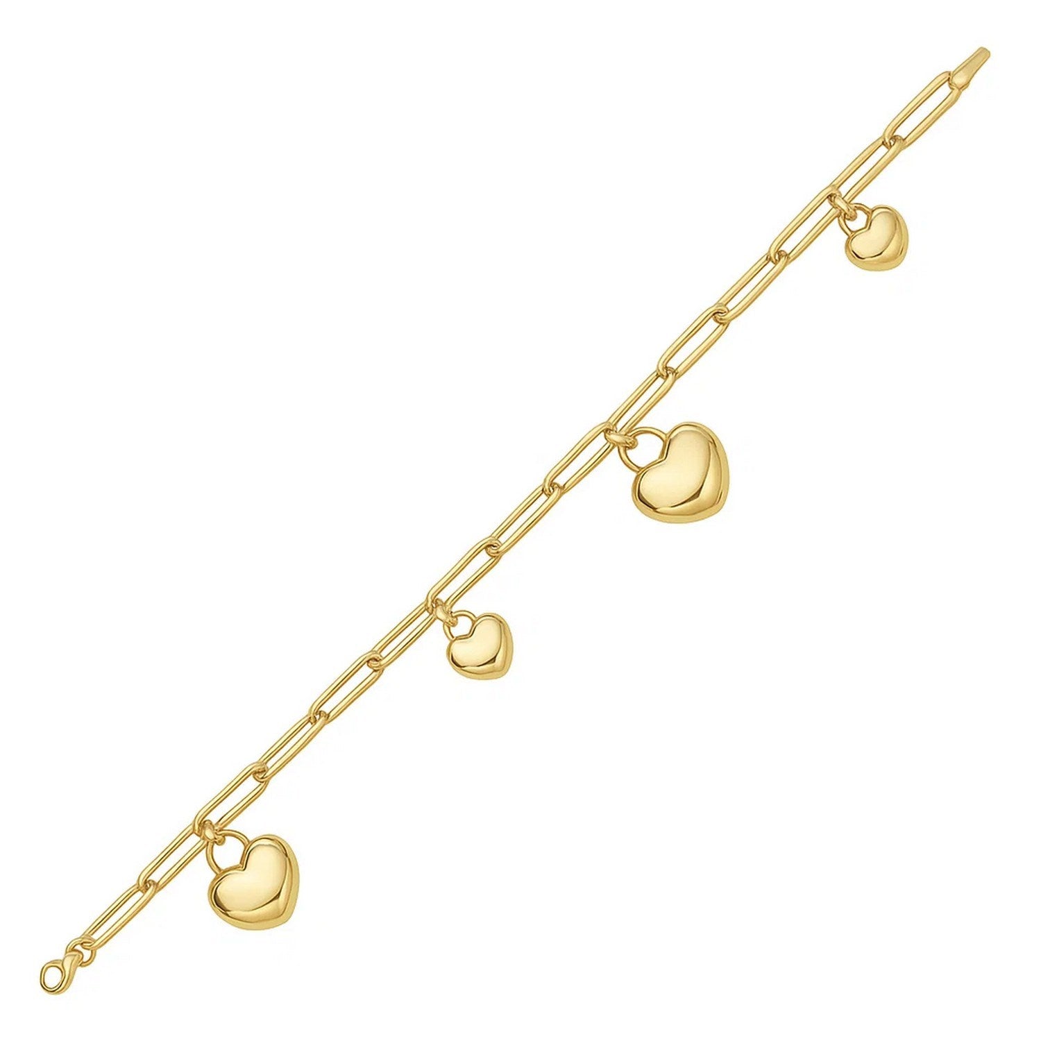 14K Yellow Gold Puffed Heart Charm Bracelet