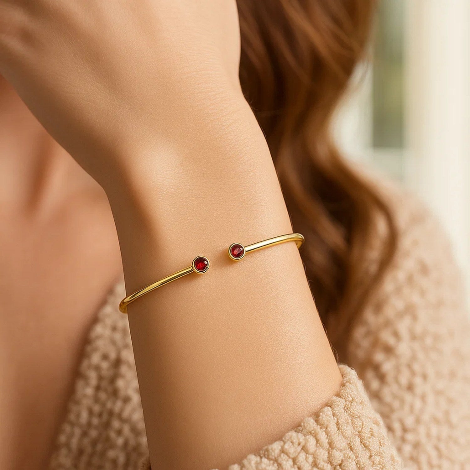14K Yellow Gold Garnet Open Cuff Bangle (2.00 mm)