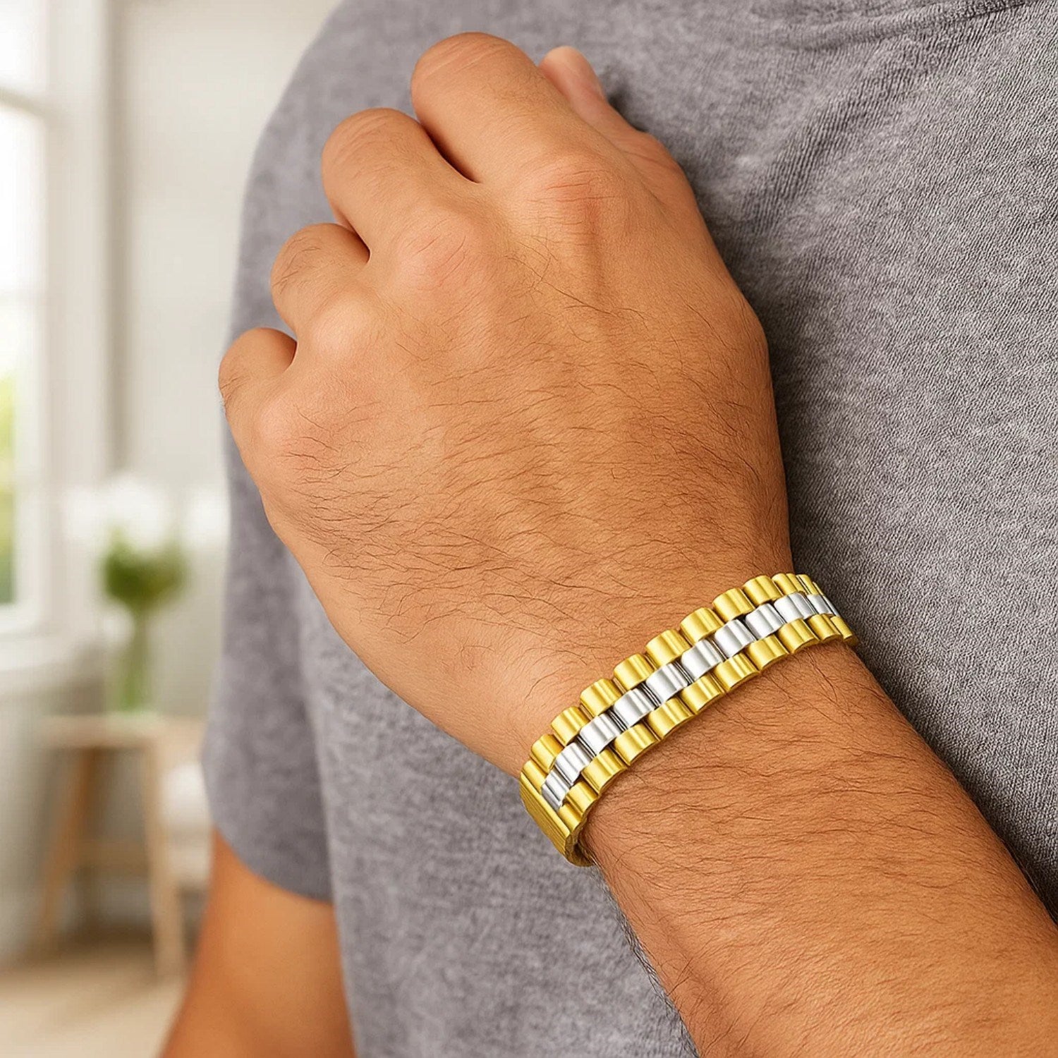 14k Two Tone Gold Mens Panther Link Bracelet (12.30 mm)