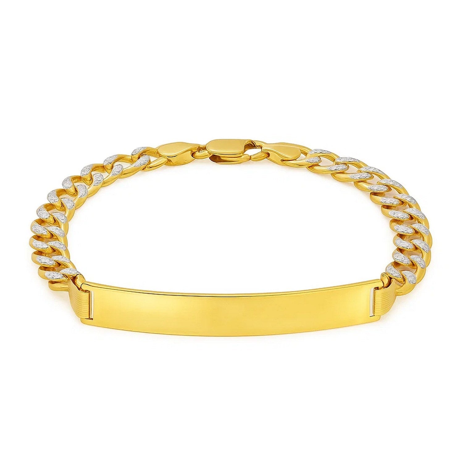 14k Two Tone Gold Mens Narrow Curb Chain ID Bracelet with White Pave (6.70 mm)