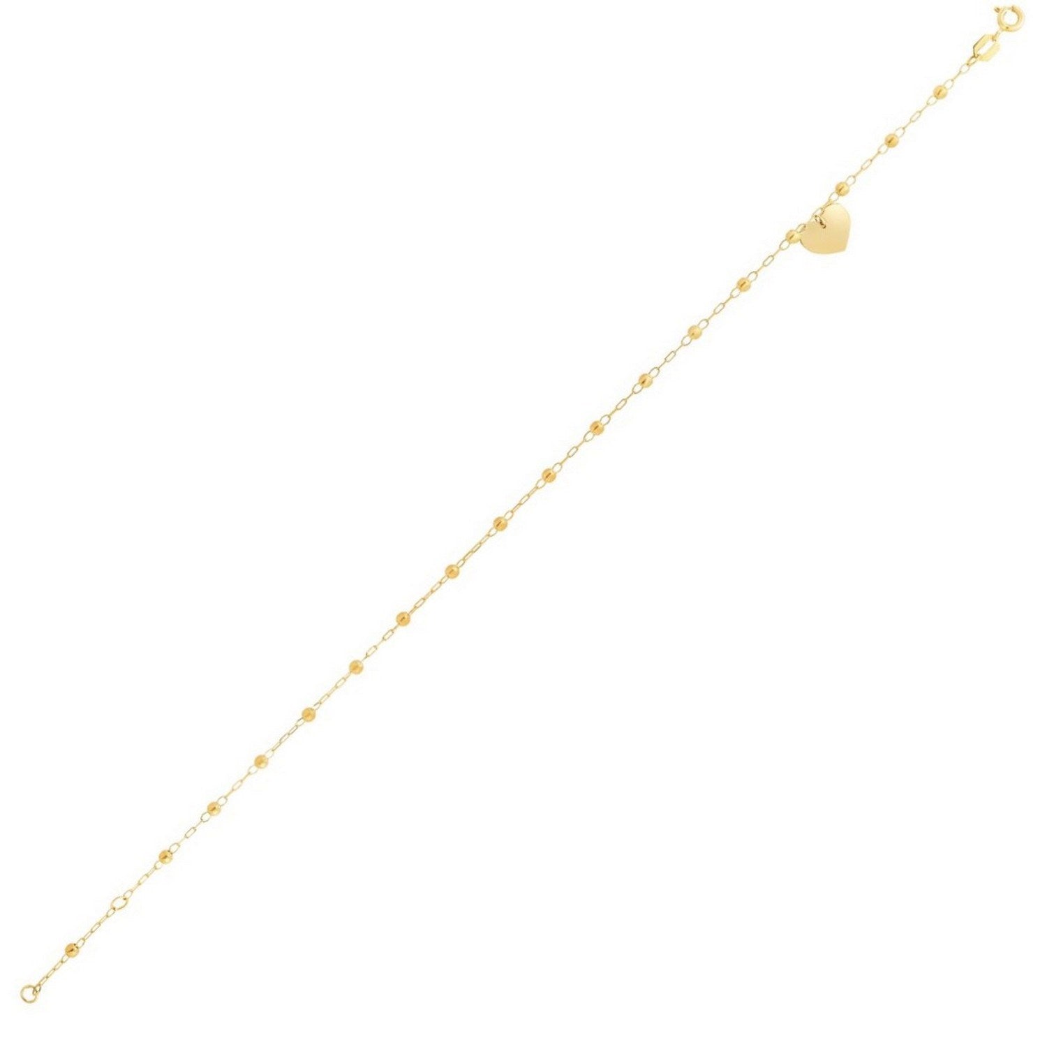 14K Yellow Gold Dangle Heart and Bead Station Anklet