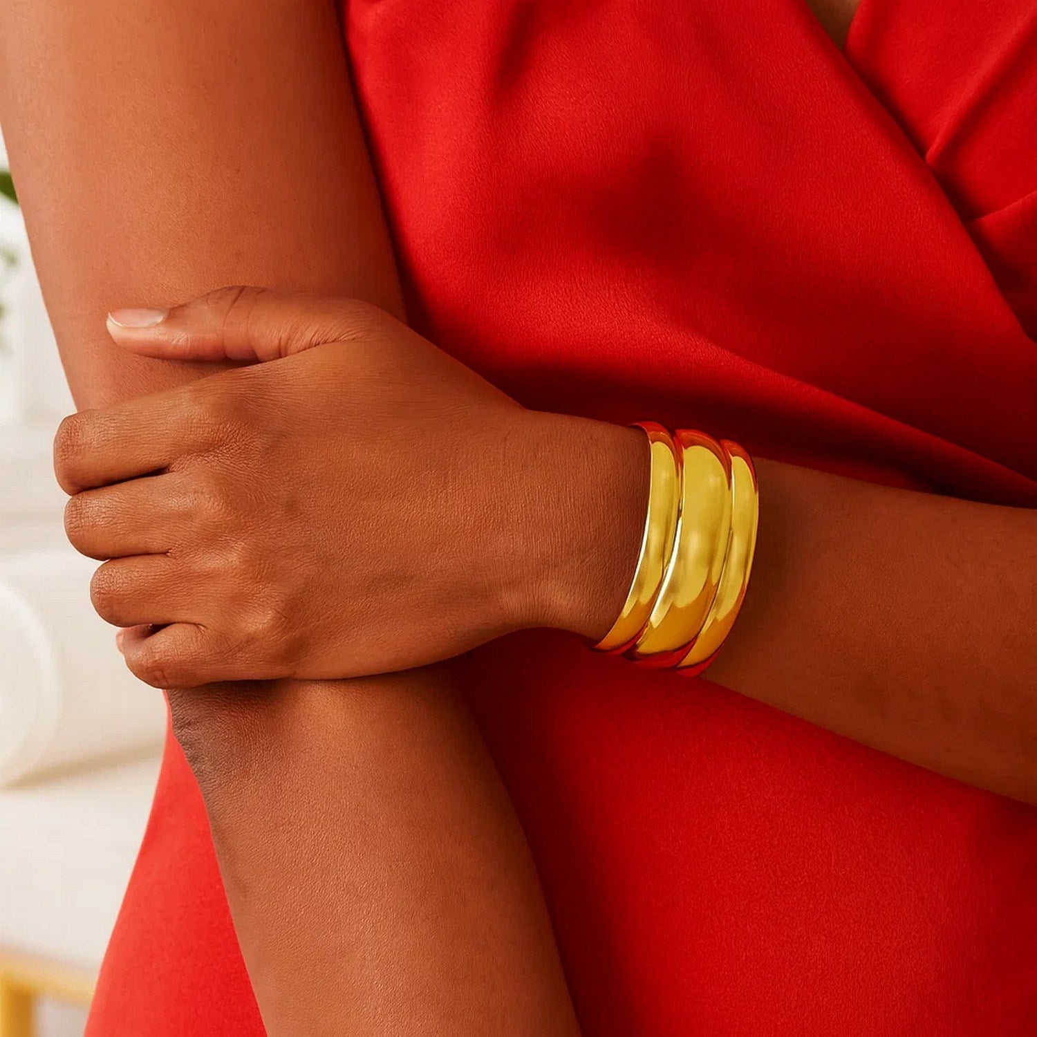 Sterling Silver Gold Plated Bold Ribbed Cuff Bangle (25.00 mm)