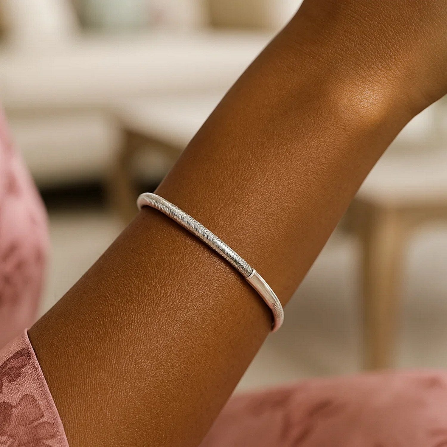 Sterling Silver Rhodium Plated Basketweave Stretch Bangle