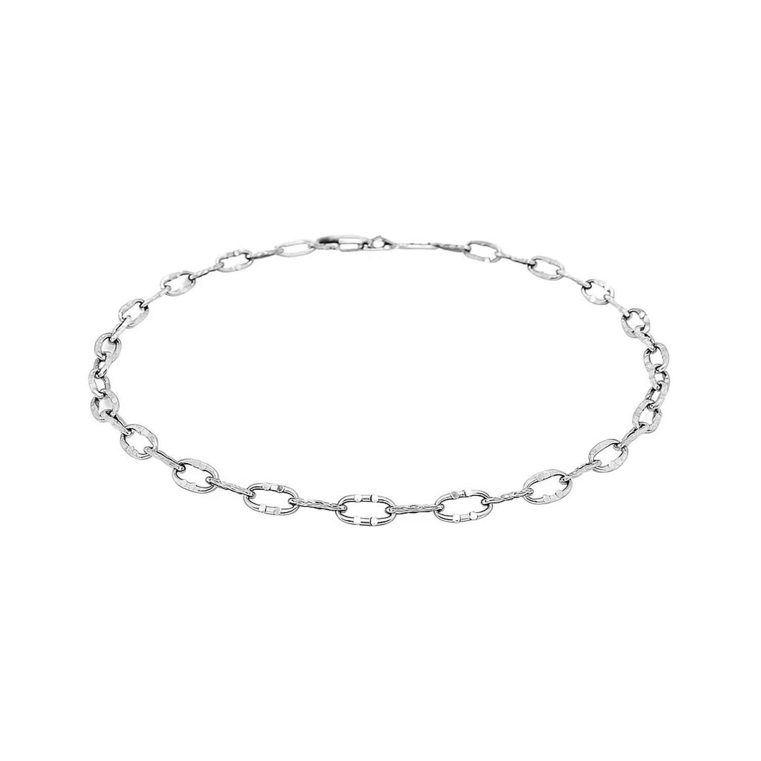 14k White Gold Anklet with Fancy Hammered Oval Links