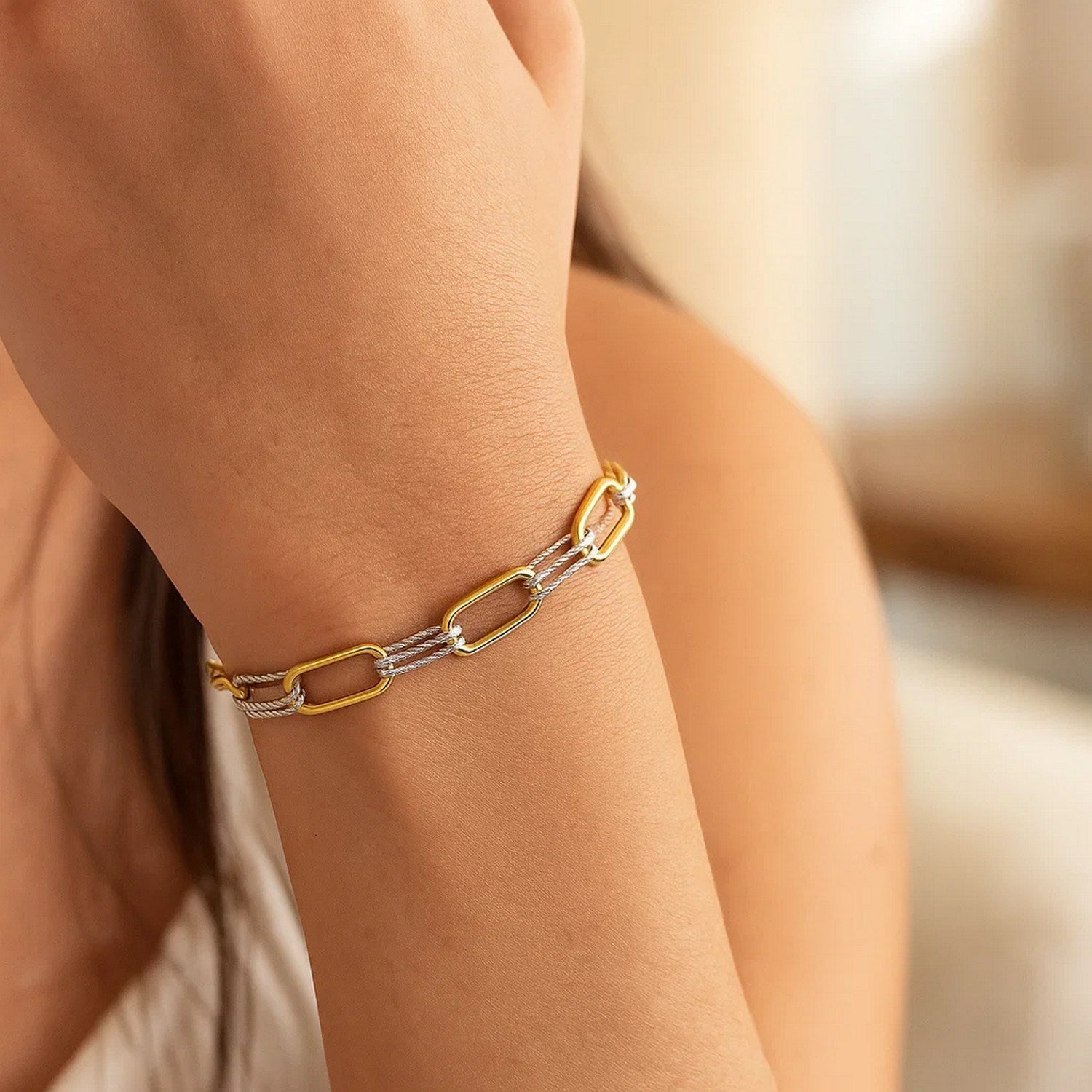 14K Two Tone Gold Diamante Paperclip Bracelet (6.20 mm)