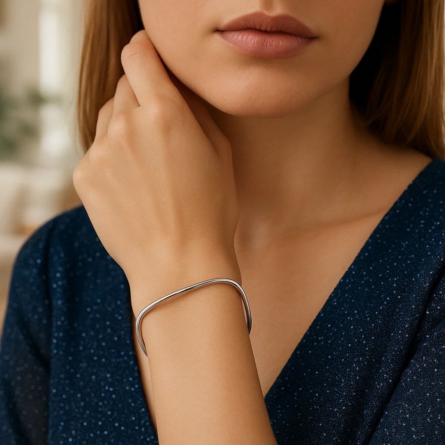 Sterling Silver Rhodium Plated Square Slip On Bangle (3.00 mm)