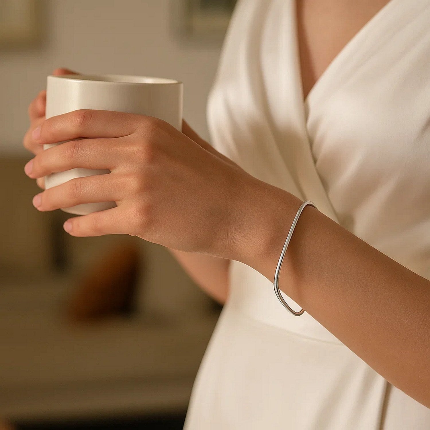 Sterling Silver Rhodium Plated Square Slip On Bangle (3.00 mm)