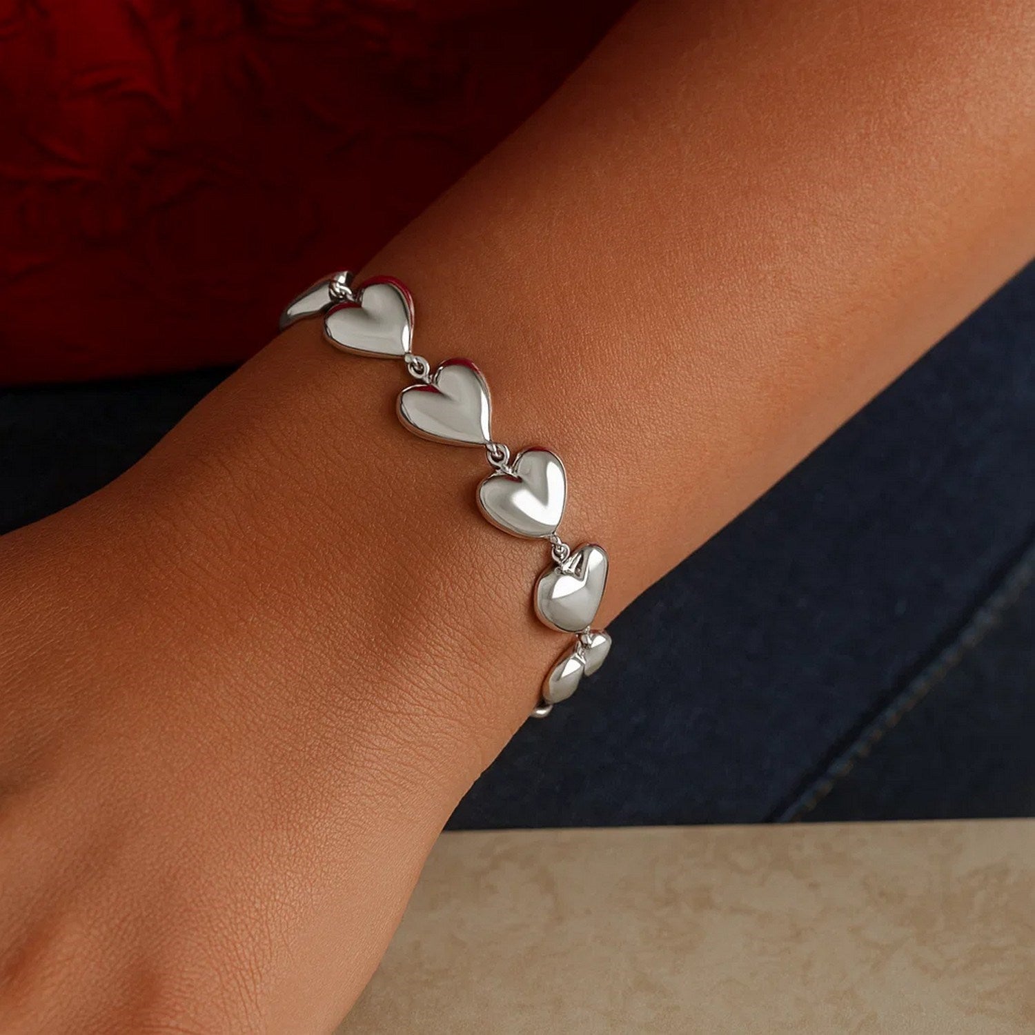 Sterling Silver Rhodium Plated Puffed Hearts Bracelet