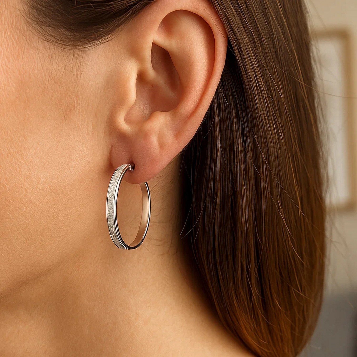 14k White Tone Gold Hoop Style Earrings with Center Glitter Look Design(4x30mm)