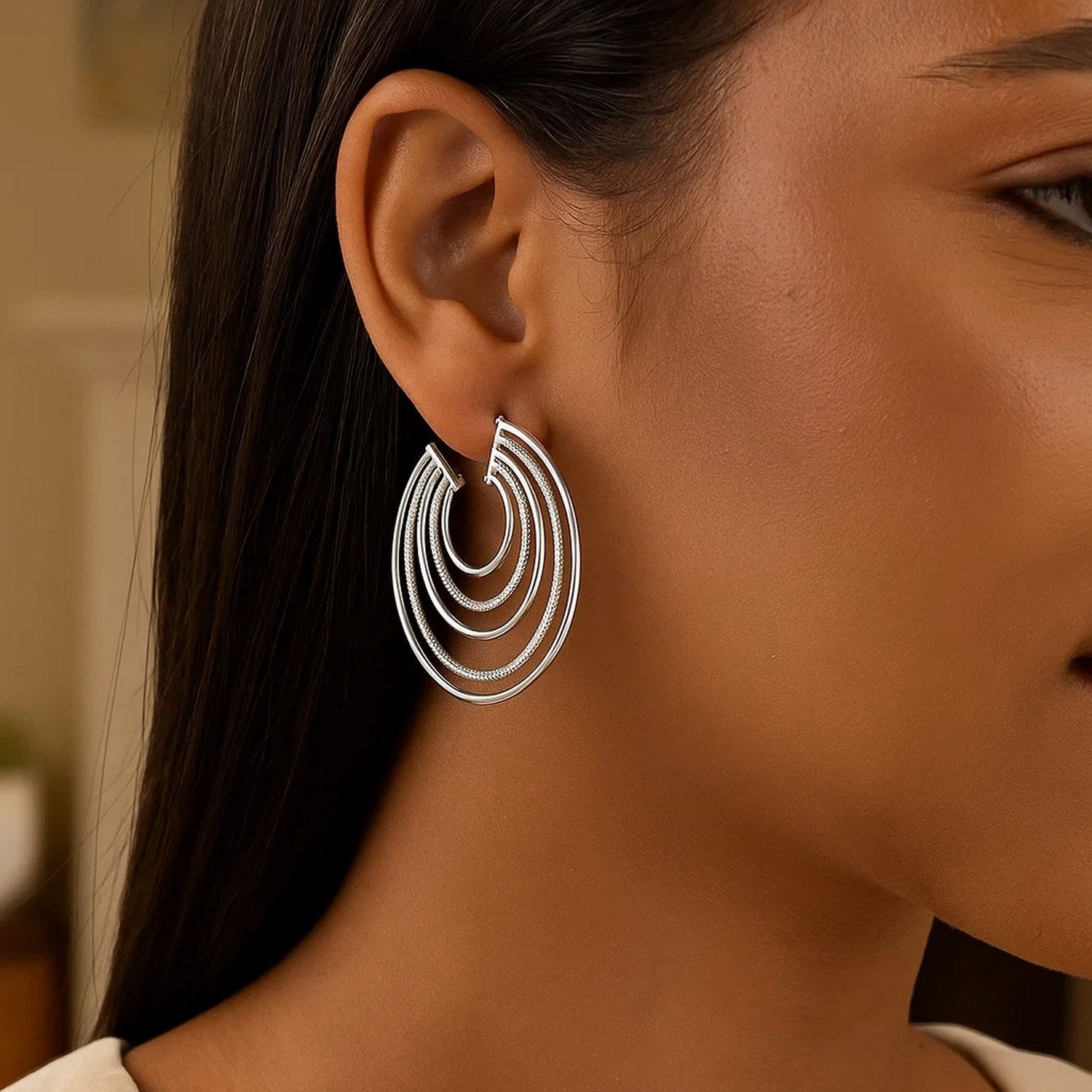 Sterling Silver Diamond Cut and Polished Five Row Hoop Earrings