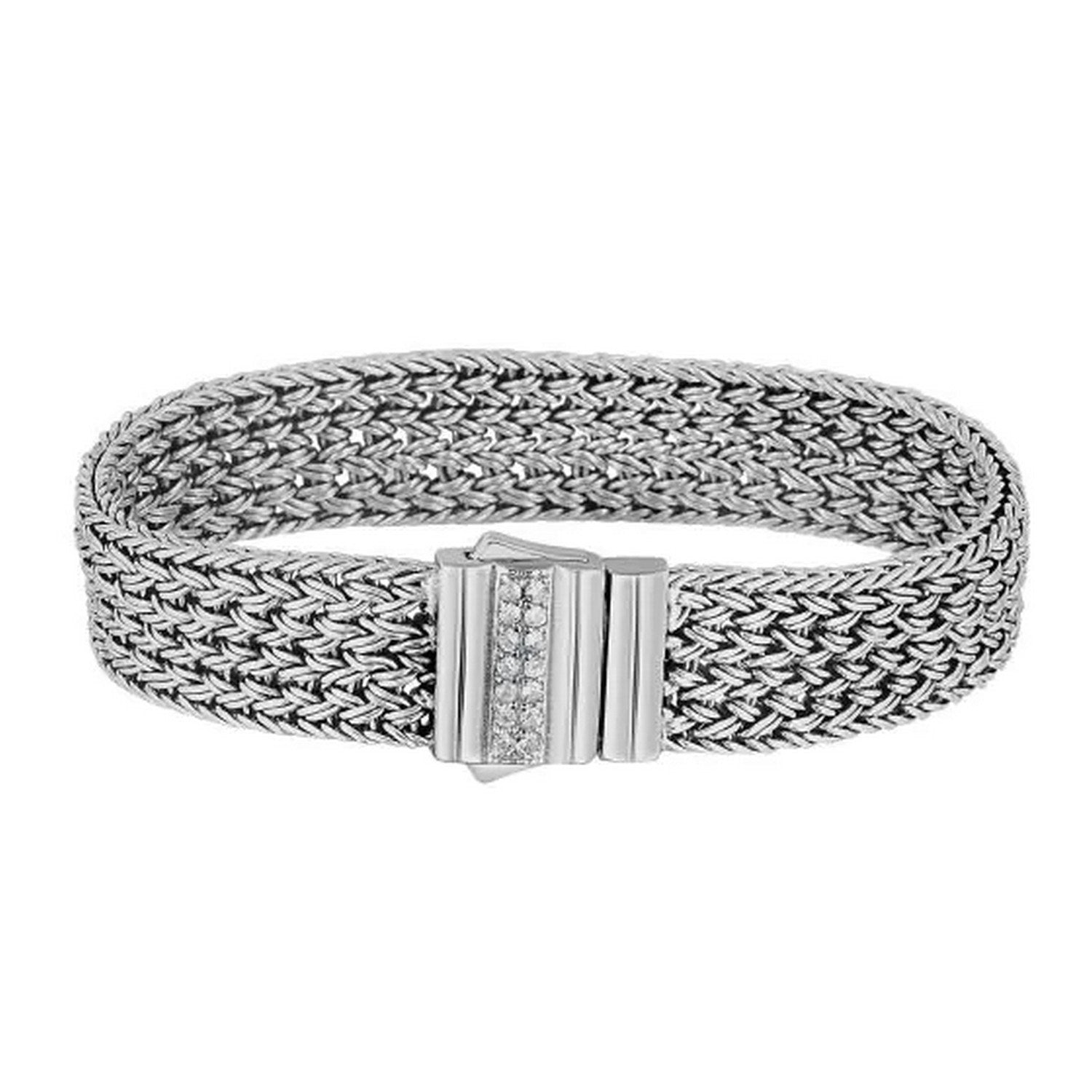 Woven Rope Bracelet with White Sapphire Accented Clasp in Sterling Silver