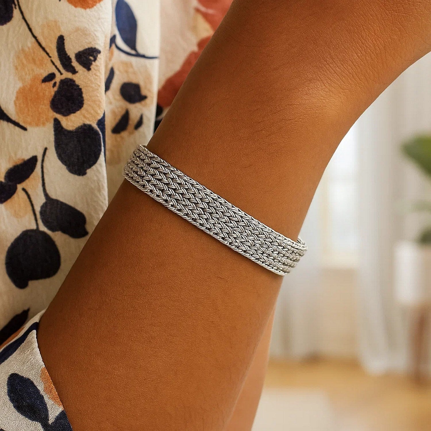 Woven Rope Bracelet with White Sapphire Accented Clasp in Sterling Silver