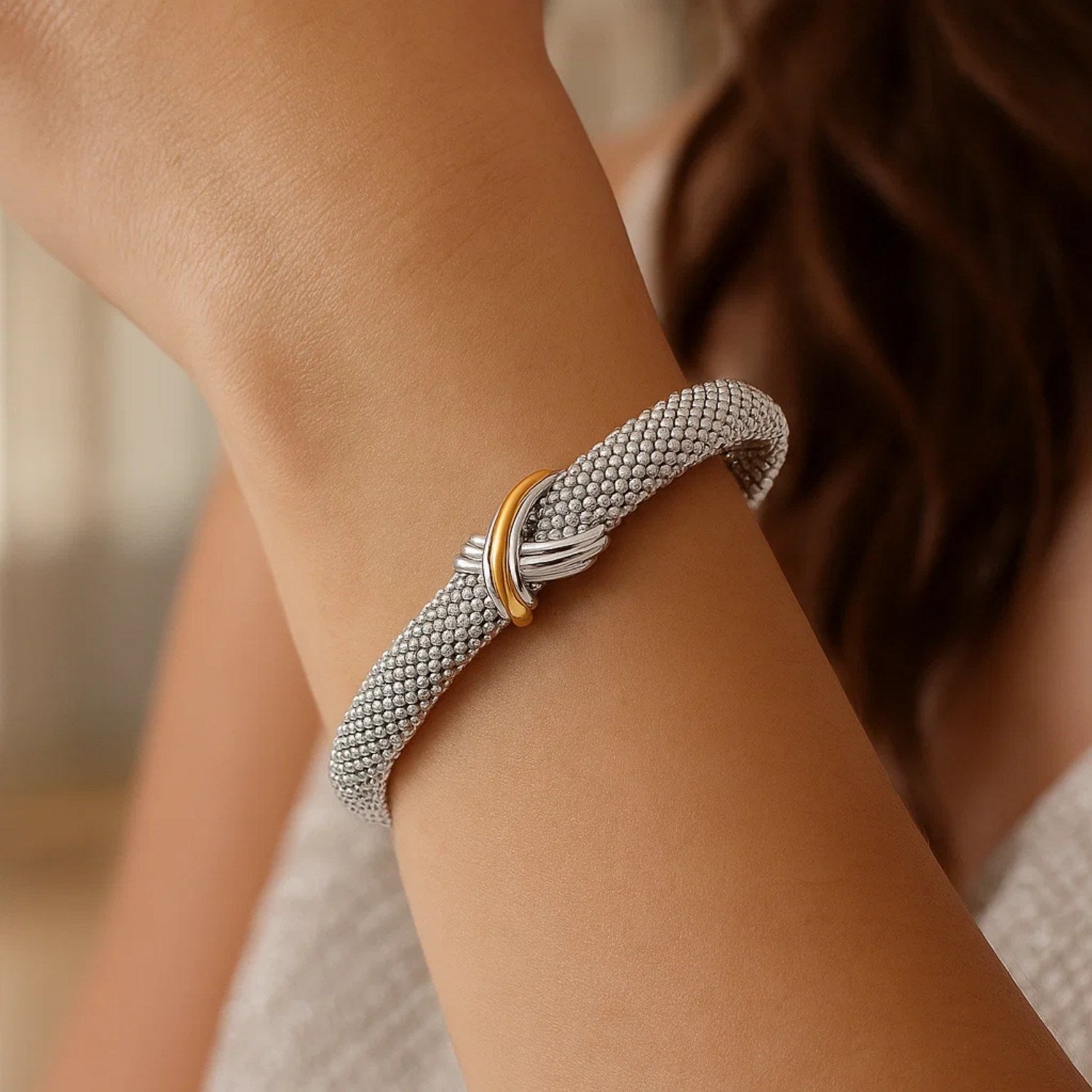 Popcorn Texture Cuff Bangle in Sterling Silver and 18k Yellow Gold (10.00 mm)