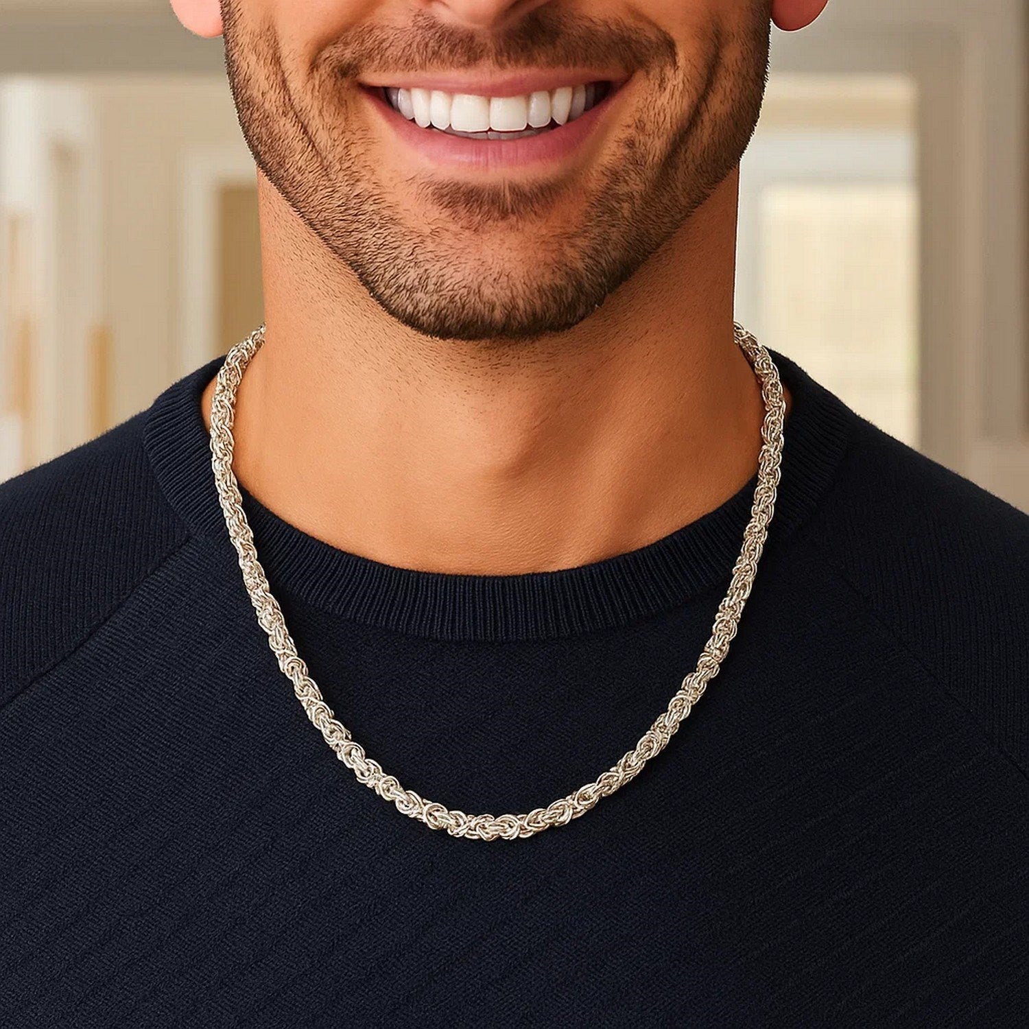 Sterling Silver Rhodium Plated Lite Square Byzantine Chain (4.80 mm)