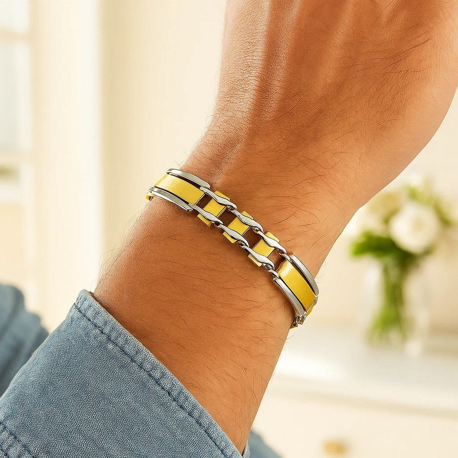 14k Two-Tone Gold Mens Bracelet with Fancy Rounded Bars (9.65 mm)