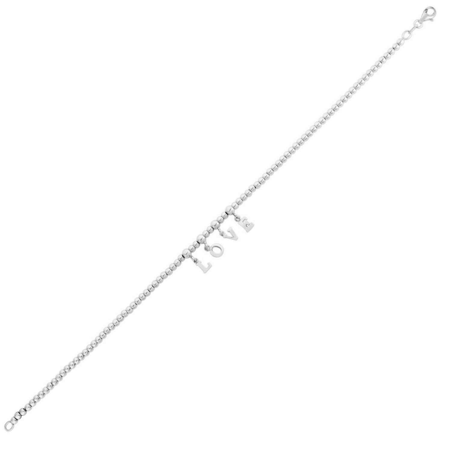 Sterling Silver Rhodium Plated Love Beaded Anklet