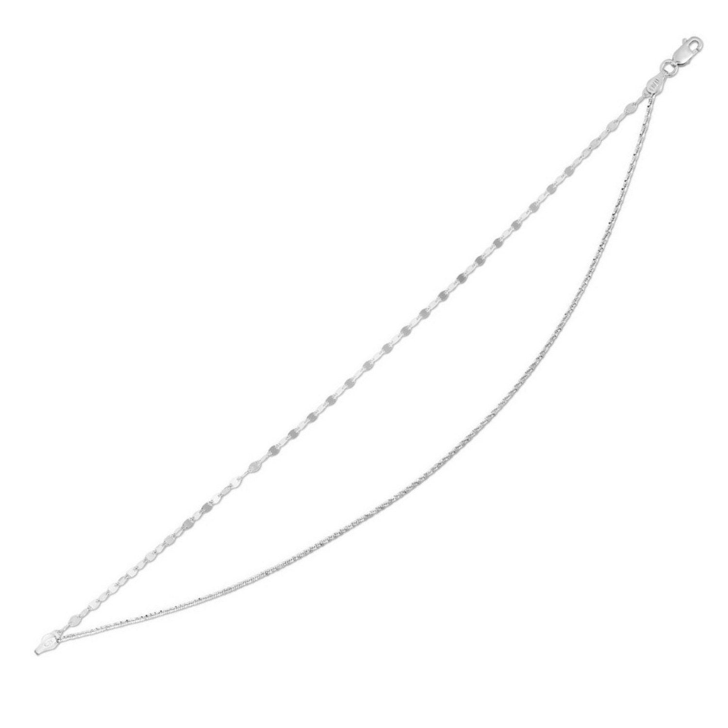 Sterling Silver Rhodium Plated Double Row Mirror and Sparkle Chain Anklet