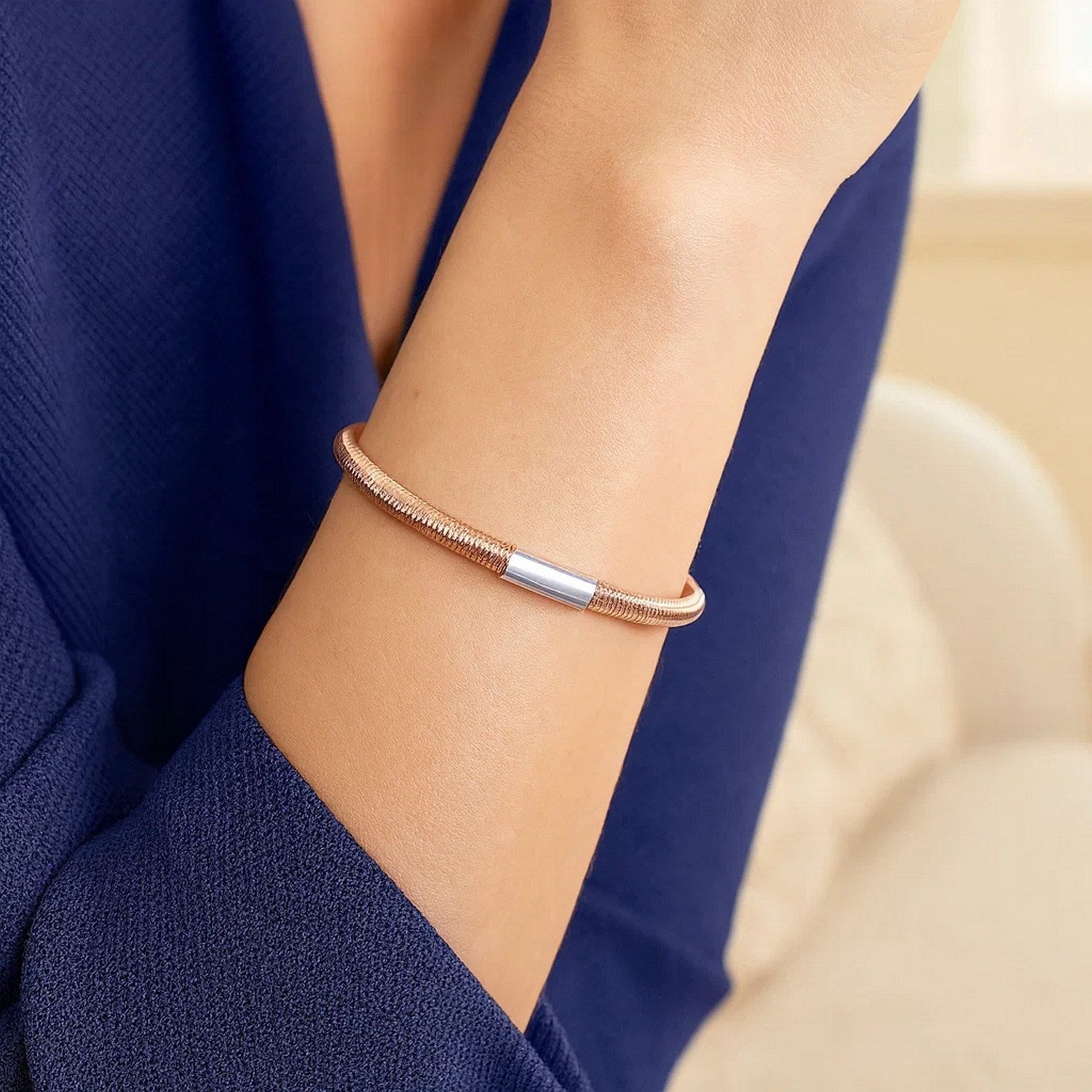 Sterling Silver Rose Gold Plated Basketweave Stretch Bangle
