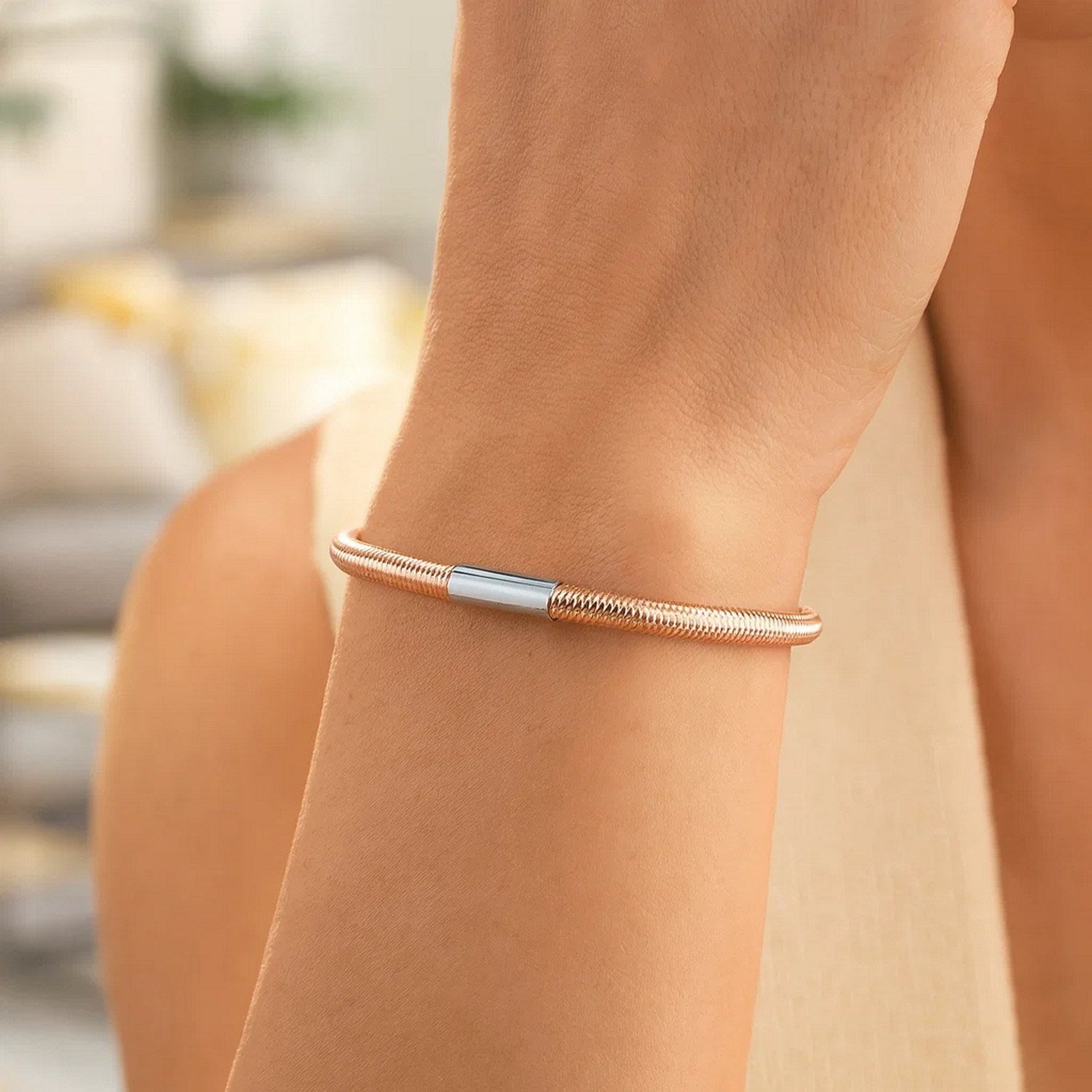 Sterling Silver Rose Gold Plated Basketweave Stretch Bangle