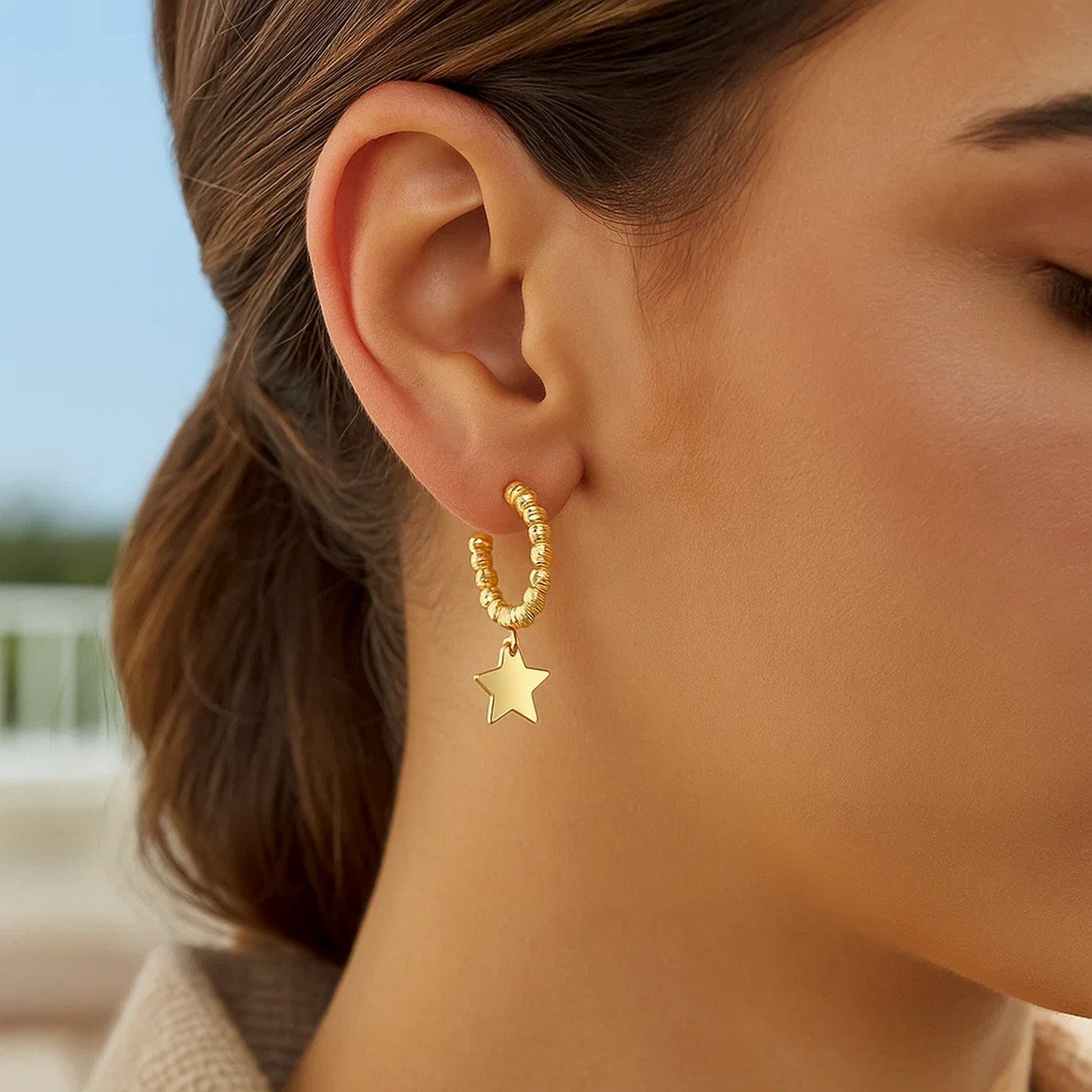 14K Yellow Gold Drop Star Charm Beaded Hoop Earrings