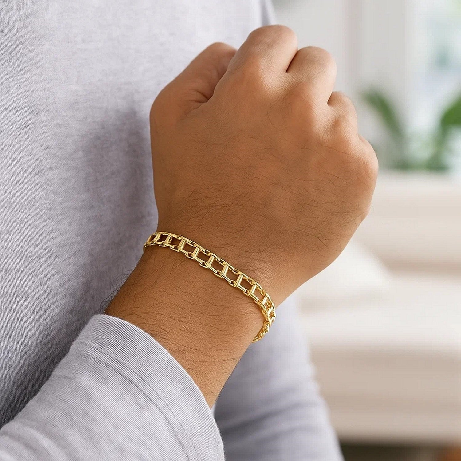 14k Yellow Gold Mens Bracelet with Rail Motif Links (5.00 mm)