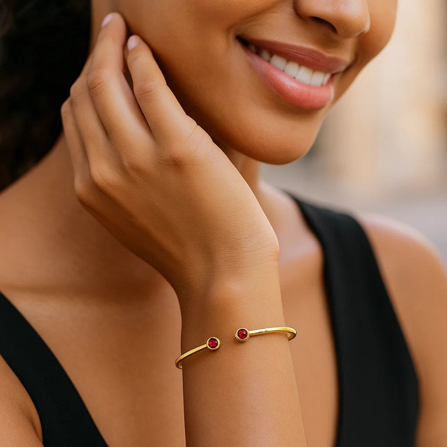 14K Yellow Gold Garnet Open Cuff Bangle (2.00 mm)