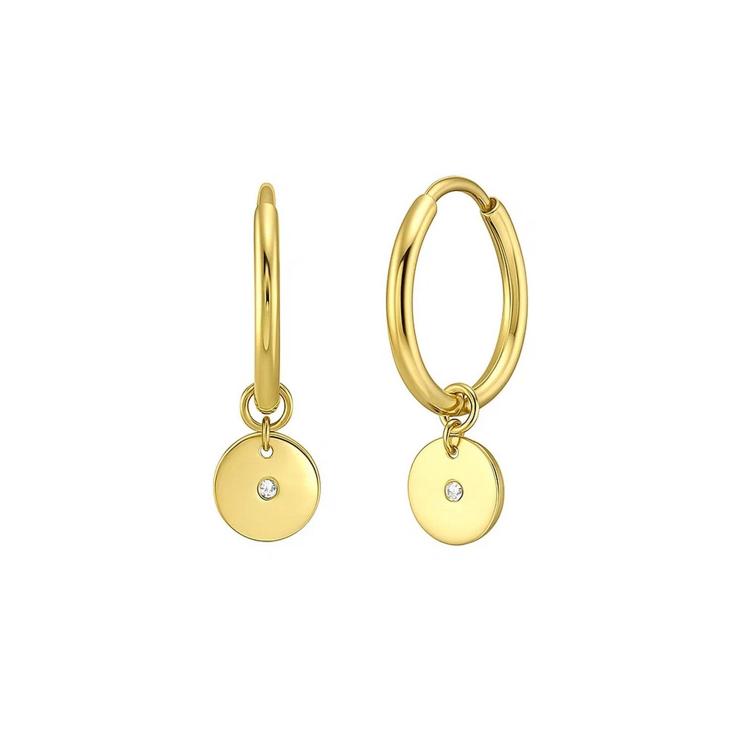 14K Yellow Gold Diamond Disc Charm Hoop Earrings