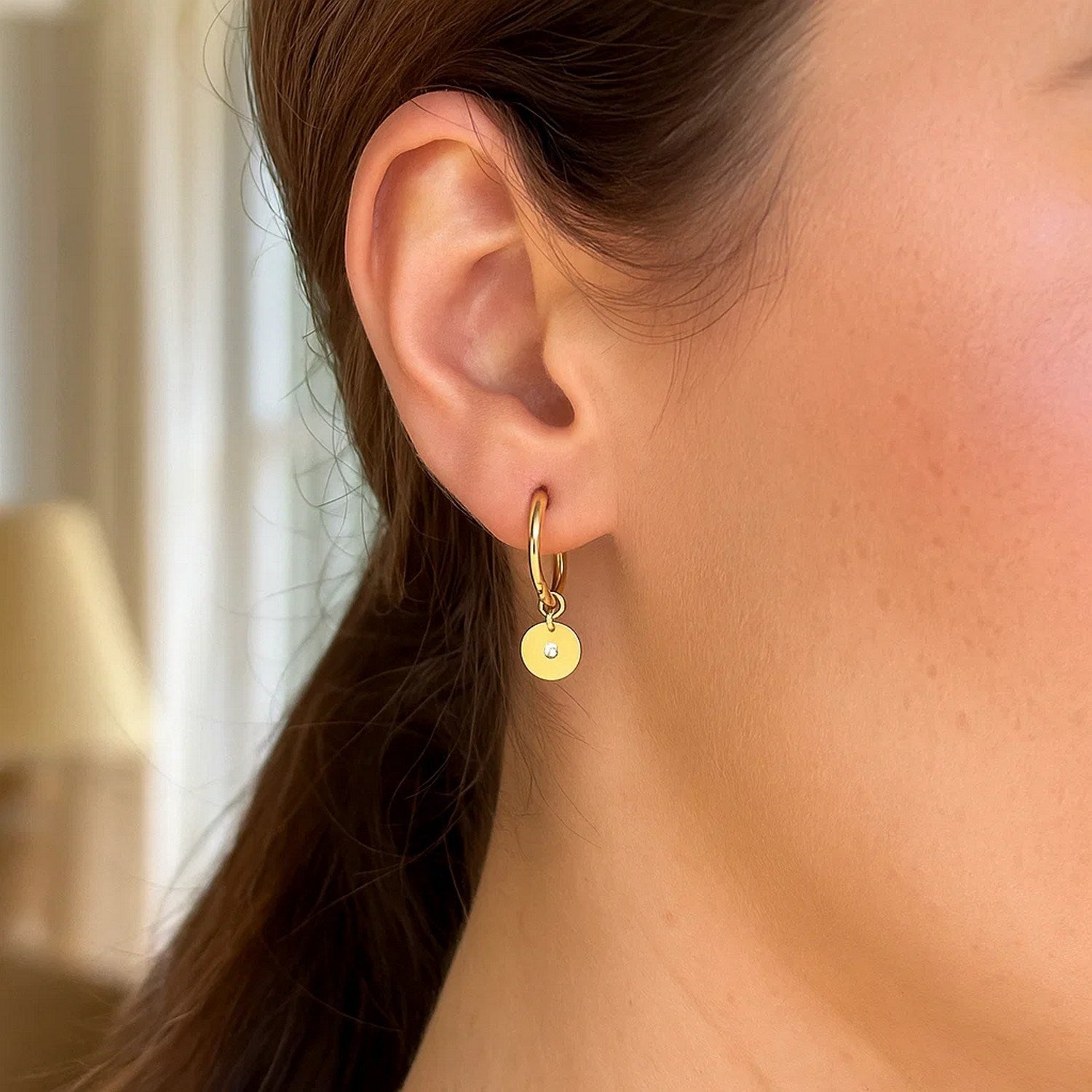 14K Yellow Gold Diamond Disc Charm Hoop Earrings