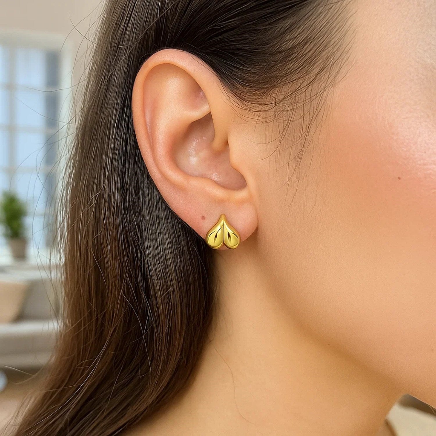 14K Yellow Gold Puffed Bubble Heart Stud Earrings