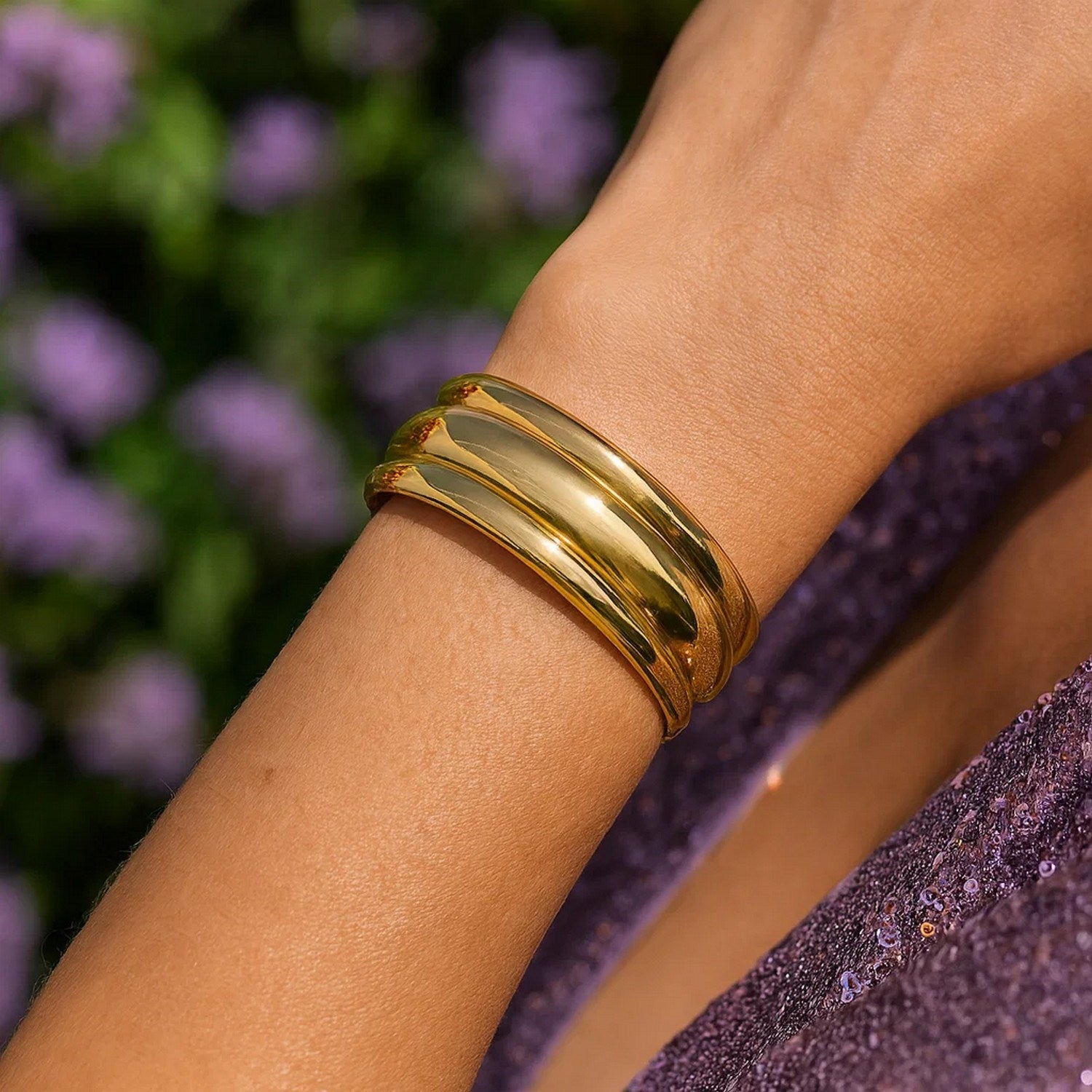 Sterling Silver Gold Plated Bold Ribbed Cuff Bangle (25.00 mm)