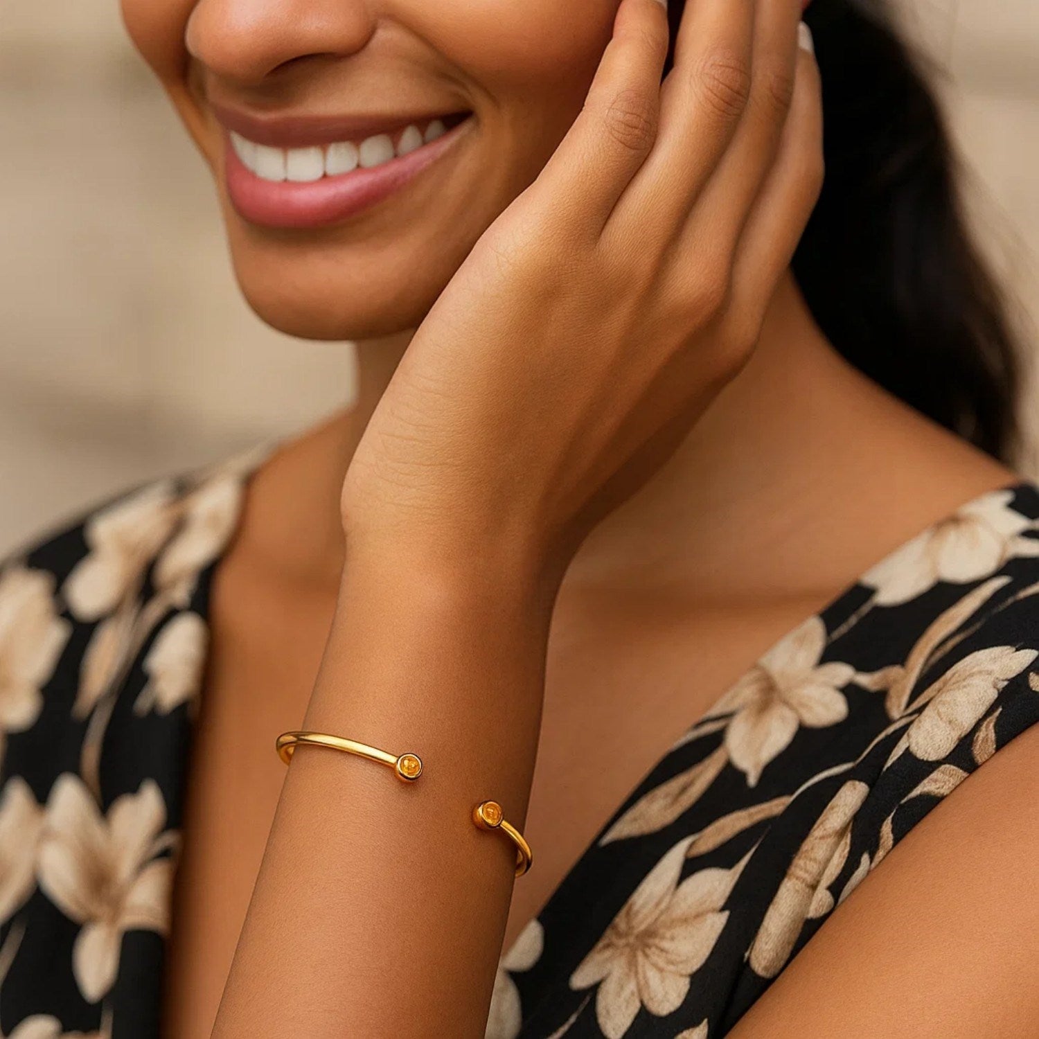 14K Yellow Gold Citrine Open Cuff Bangle (2.00 mm)