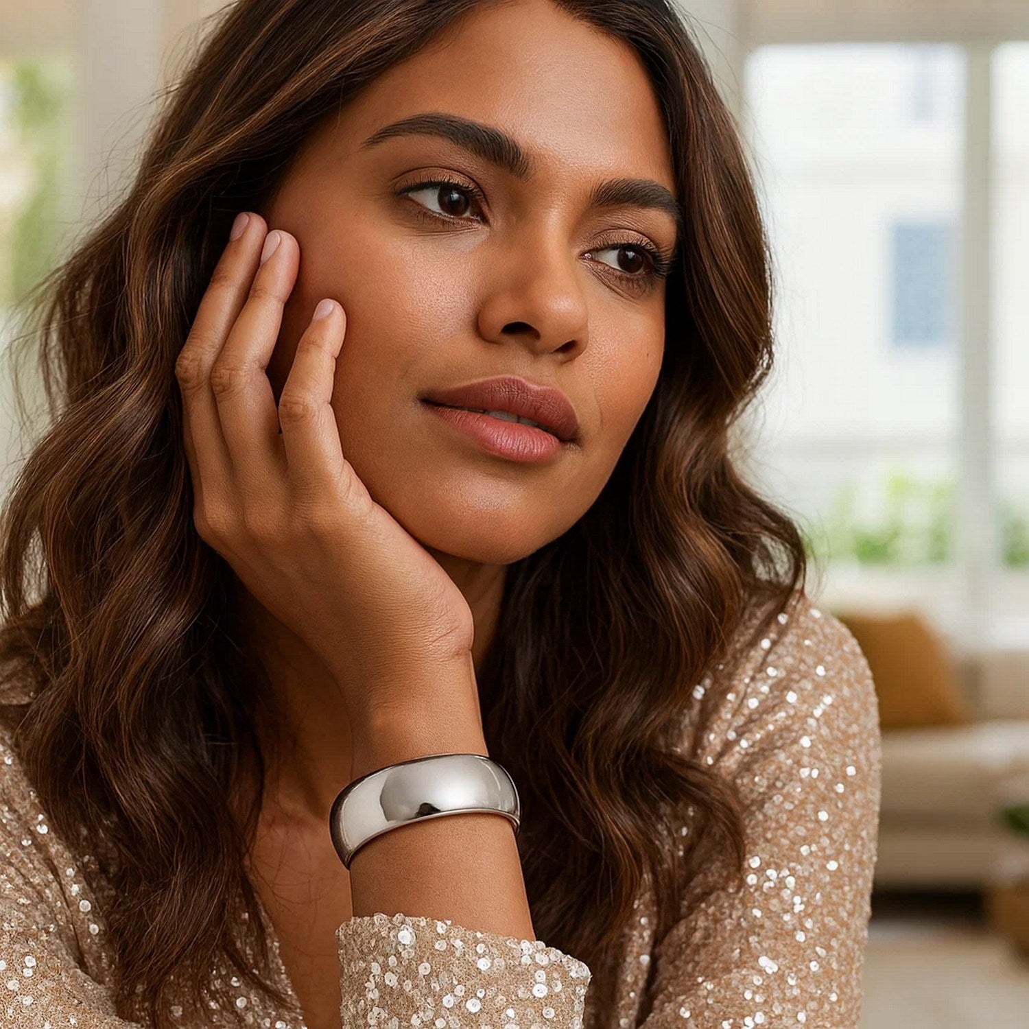 Sterling Silver Rhodium Plated Domed Classic Bangle (18.50 mm)