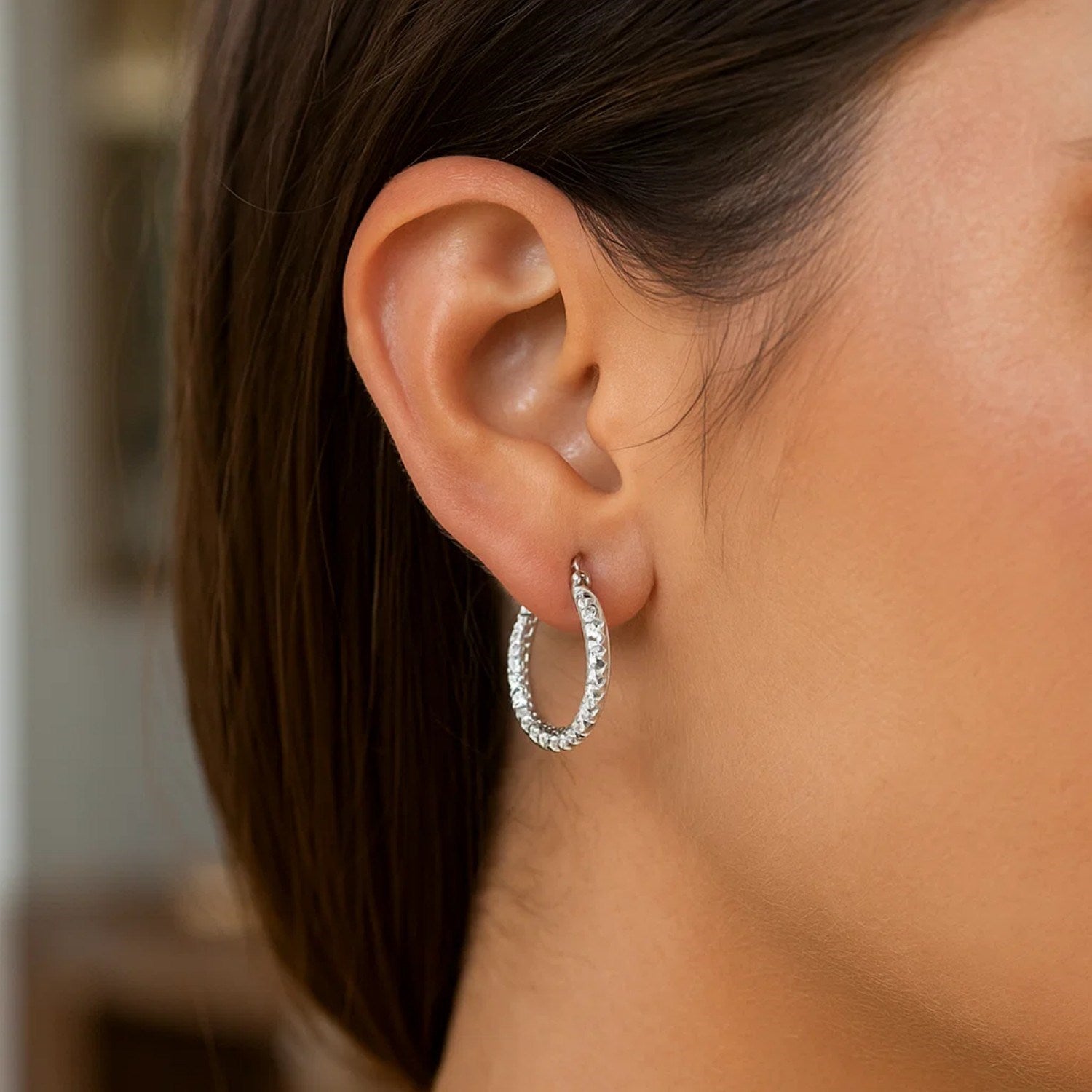 Sterling Silver Faceted Style Hoop Earrings with Rhodium Finishing(3x20mm)