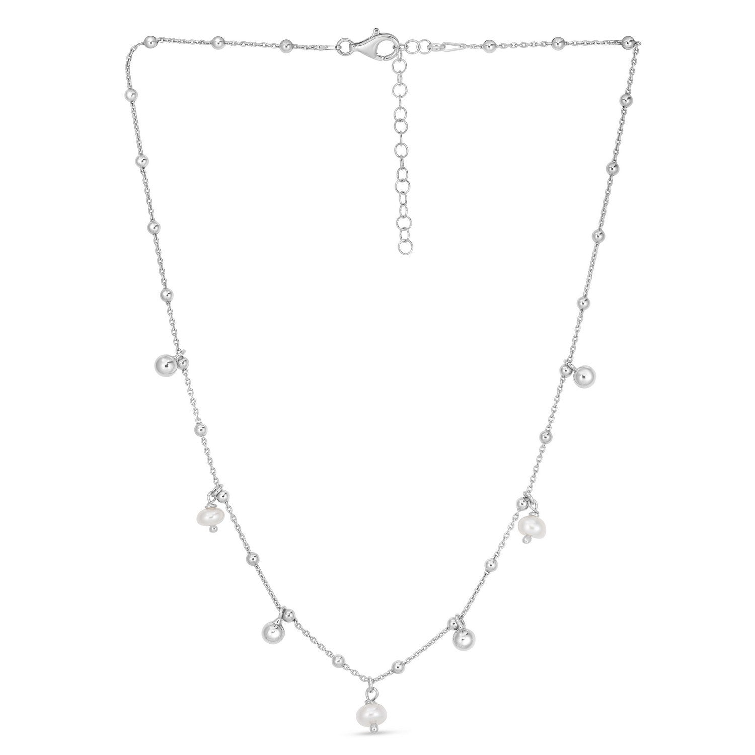 Sterling Silver Rhodium Plated Pearl Station Charm Necklace
