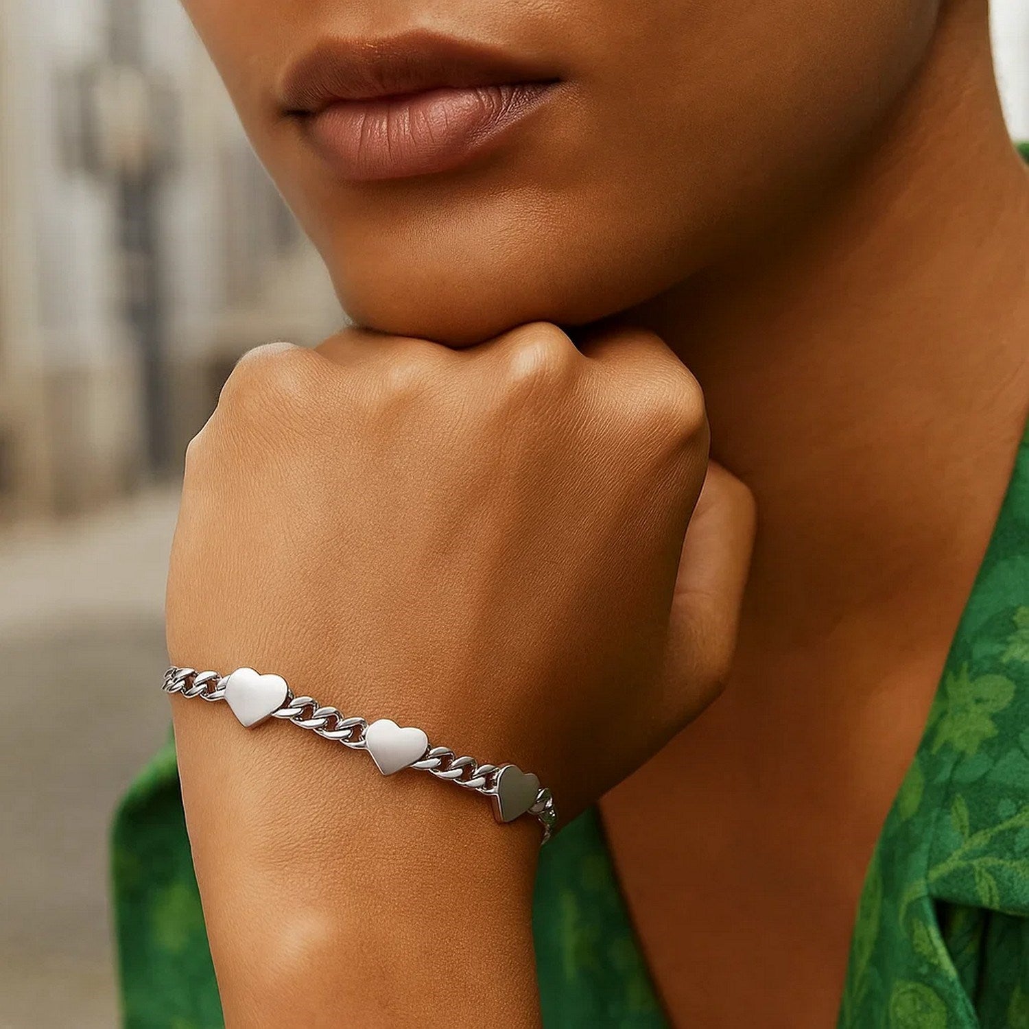 Sterling Silver Rhodium Plated Heart Chain Bracelet