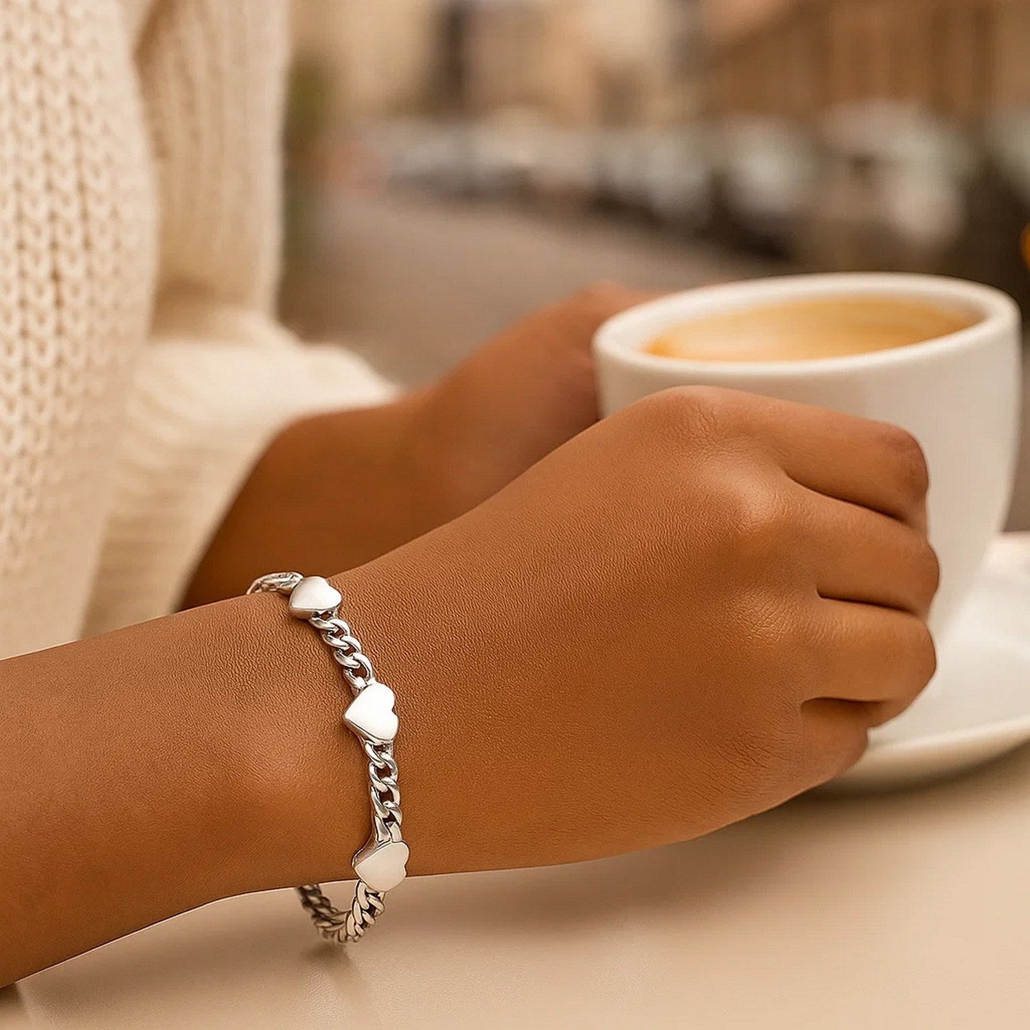 Sterling Silver Rhodium Plated Heart Chain Bracelet