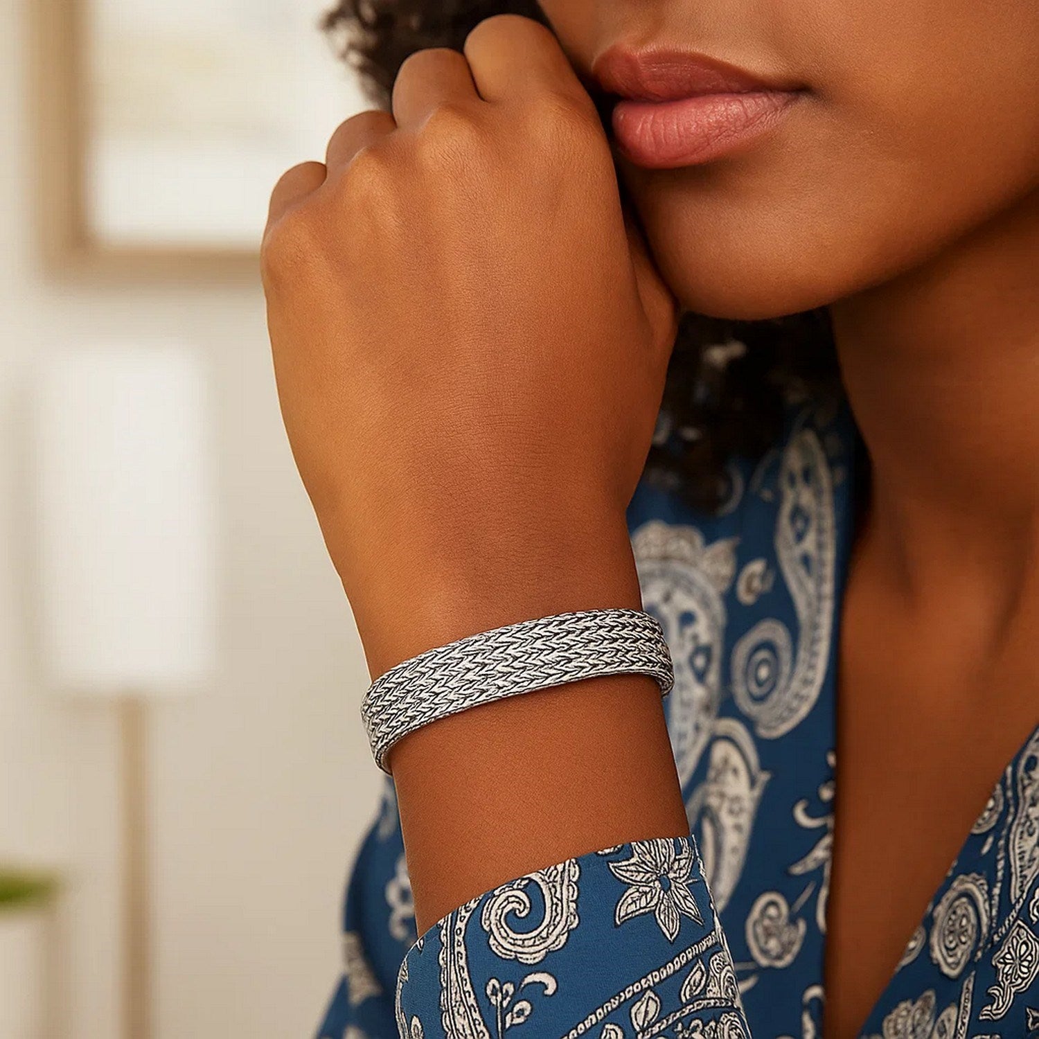 Woven Rope Bracelet with White Sapphire Accented Clasp in Sterling Silver