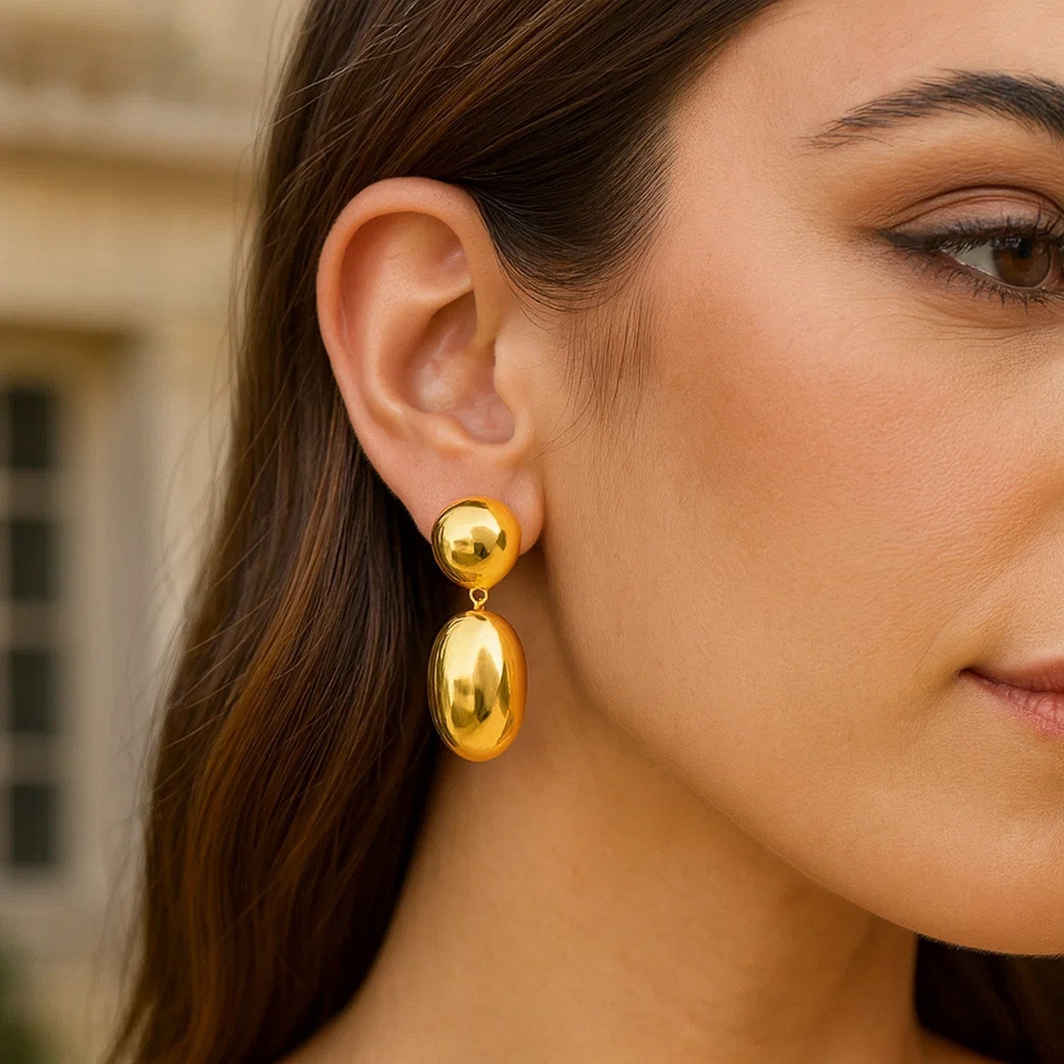 Sterling Silver Rhodium Plated Puffed Oval Double Button Drop Earrings