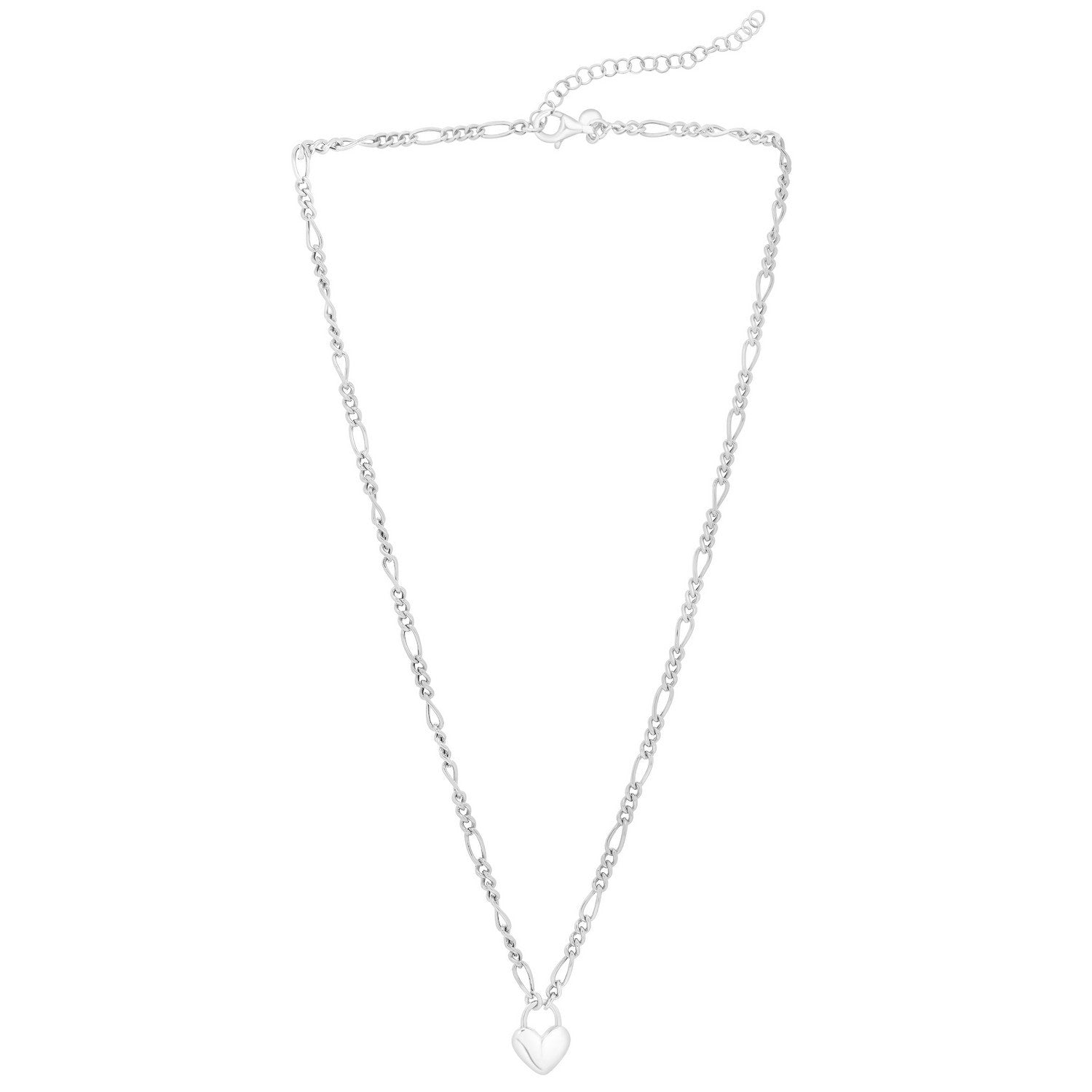 Sterling Silver Rhodium Plated Heart Padlock Figaro Necklace